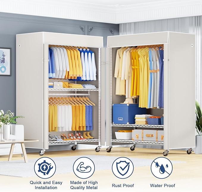 P8C Pro Heavy Duty Clothes Rack（With Extended Width Design） Rolling Clothing Racks for Hanging Clothes with Lockable Wheels，42" W x 15.8" D x 80.5" H，Load 700LBS，White Rack with White Cover