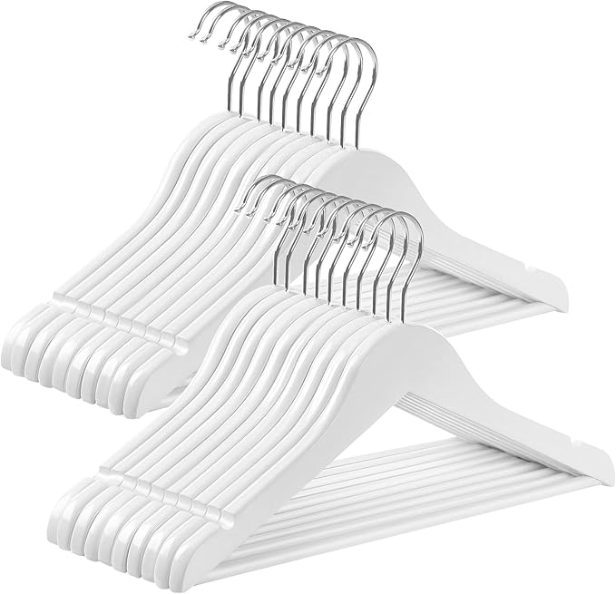 SONGMICS Kids Wooden Hangers 20 Pack, Solid Wood Baby Hangers, Children's Coat Hangers with Pants Bar, Shoulder Notches, Swivel Hooks, 12.6 x 7.5 Inches, White and Silver UCRW006W20