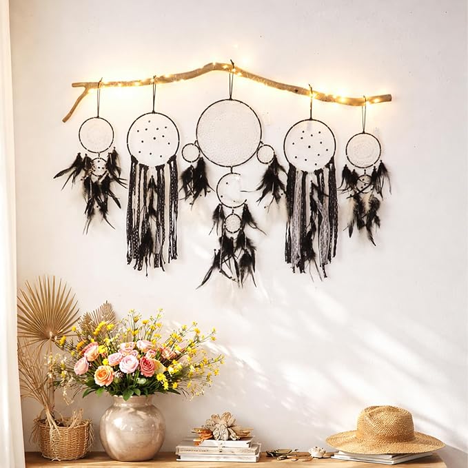 5 Pack Black Dream Catchers for Bedroom Adult Boho Macrame Wall Hanging Art Decor Large Dreamcatchers with Feather for Home Living Room Handmade Gift