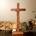 KUXBET Standing Crucifix Cross with Detachable Stand 10.6 Inch Catholic Wooden Jesus Christ Wall Hanging Cross for Home Decor - Antique Gold (10.6" L x 5.2" W)