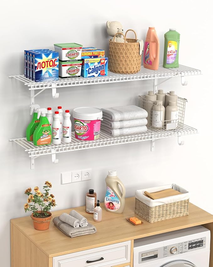 4 Pack Closet Shelves with Triangular Brackets, 4FT X 12IN Wall Mounted Wire Shelving Orgnizer for Closet,Laundry Room,Load Up to 150lb, White