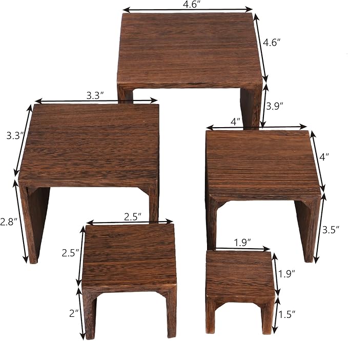 MOOCA 5-Piece Wooden Jewelry Display Risers - Multi-Function Retail Stands for Rings, Watches, Necklaces, Bracelets, and More - Various Heights, Brown Color