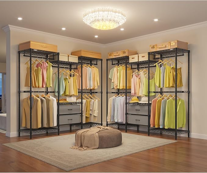 VIPEK V20 Plus Clothes Rack, Metal Clothing Rack with 6 Shelves, 5 Hanging Rods & 2 Fabric Drawers, Freestanding Garment Rack for Bedroom & Walk-in Closet, Large Wardrobe Closet Max Load 850LBS, Black