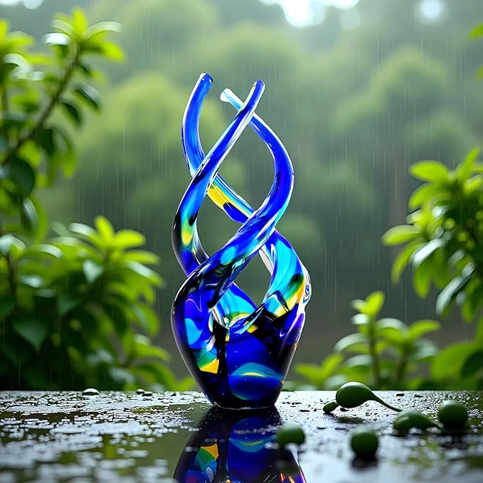 Hand Blown Glass Decor - Cobalt Blue Glass Sculpture - Ocean Theme Spiral Kinetic Figurine, Light Reactive Gradient Decor for Home Office Garden, Ideal Gift for All Occasions