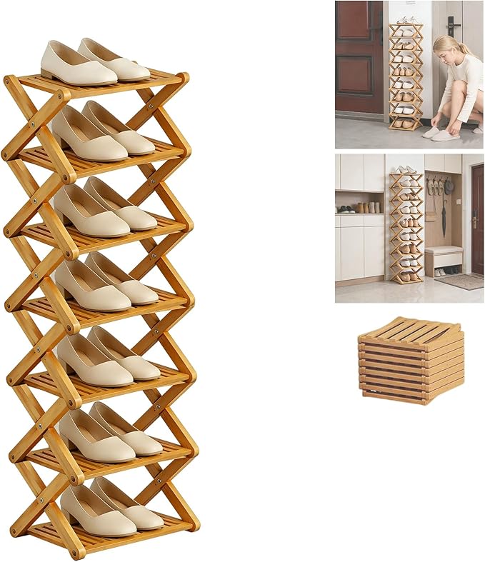 2/3/4/5/6/7/8/9 Tier Bamboo Shoe Rack - Foldable,No Installation Needed,Space-Saving Multi-Tier Storage for Indoor & Balcony Use (Yellow,7 Layers)