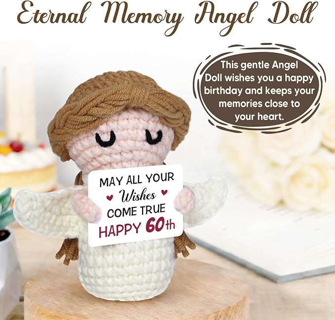 60th Birthday Gifts for Women Men, 1966 60th Birthday Decorations, Happy 60 Year Old Gifts for Family Friends Colleagues - Handmade Positive Angel Crochet Doll