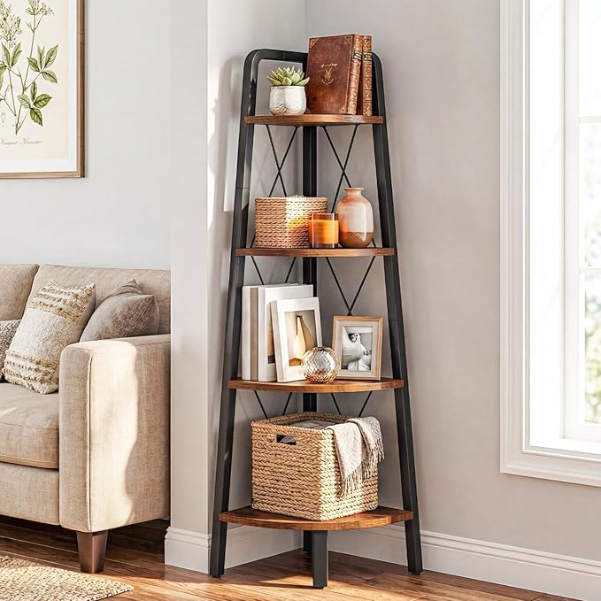 HOOBRO Corner Shelf, 4-Tier Corner Shelf Stand, 53.5" Tall Ladder Bookshelf, Industrial Corner Display Shelf Plant Stand for Living Room, Kitchen, Home Office, Rustic Brown BF144CJ01