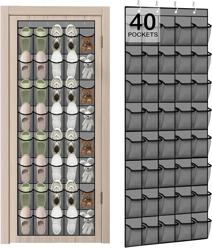 Over the Door Shoe Organizer - 40 Large Breathable Mesh Pockets, Space Saving Hanging Shoe Organizer with Metal Hooks, Hanging Shoe Rack for Men's and Women's Shoes (Grey-A)