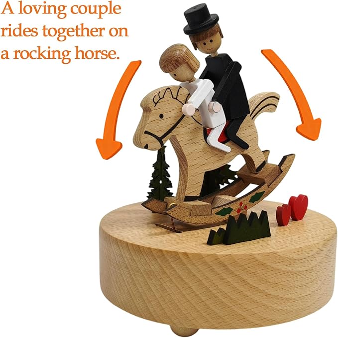 Briskfeel Wooden Rocking Horse Music Box - Couple Riding on a Horse Mechanical Musical Box, Rocking Horse Sways to the Melody, Romantic Gift for Wedding, Anniversary, Valentine's Day
