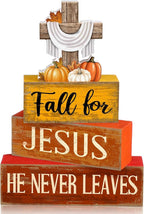 Lineshading 4 Pcs Fall Decoration for Home Rustic Fall Religious Wooden Stacked Sign Decor - Cross & Pumpkin Themed Table Decoration with Faith Quotes Thanksgiving Tiered Tray Decor for Office Church