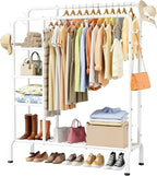Clothes Rack - Double-Rod Clothing Rack with Built-In Hooks & Shelves, Multi-Functional Wardrobe Closet for Bedroom, Living Room, Entryway, 41.3" x 15.3" x 59.8", White