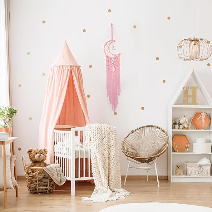 ANROYE Macrame Moon Dream Catcher for Girl, Pink Boho Crescent Dreamcatcher for Bedroom Adult, Handmade Kids Nursery Room Wall Hanging with Star Pendant for Teen, Bohemian Home Decoration Idea