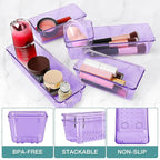 10 PCS Drawer Organizer Set, 4 Varied Size Bathroom and kitchen Drawer cabinet organizer Trays, Clear Storage Bins for Makeup, Jewelry, Utensils and Gadgets, Purple