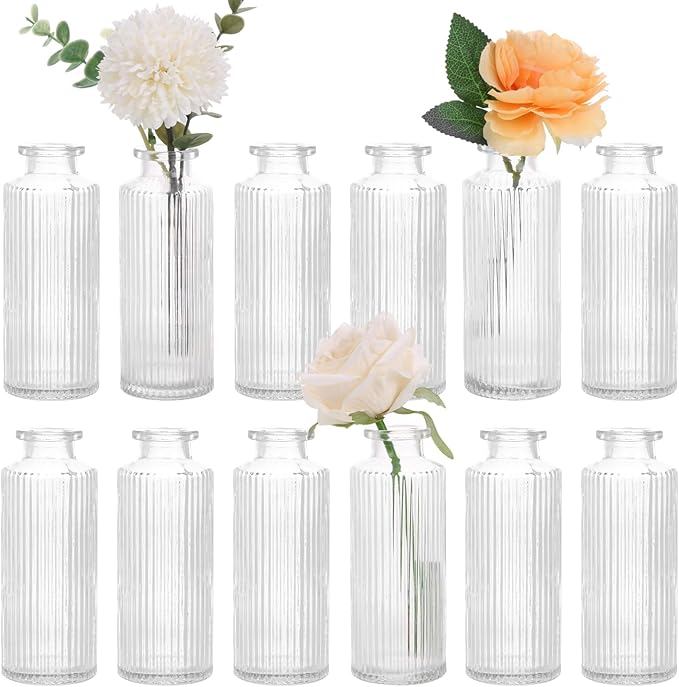 Small Bud Vases Set of 12, Glass Bud Vase in Bulk, Mini Flower Vase for Centerpiece, Vintage Decorative Vase for Flowers, Wedding, Home Decor, Housewarming Gift (Clear)