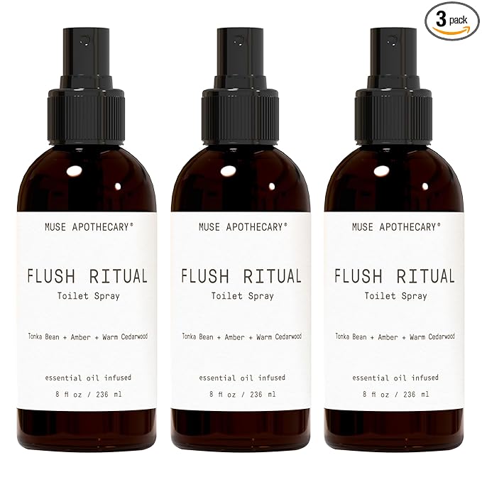 Muse Apothecary Flush Ritual - Aromatic & Refreshing Toilet Spray, Use Before You Go, 8 oz, Infused with Natural Essential Oils - Tonka Bean + Amber + Warm Cedarwood, 3 Pack
