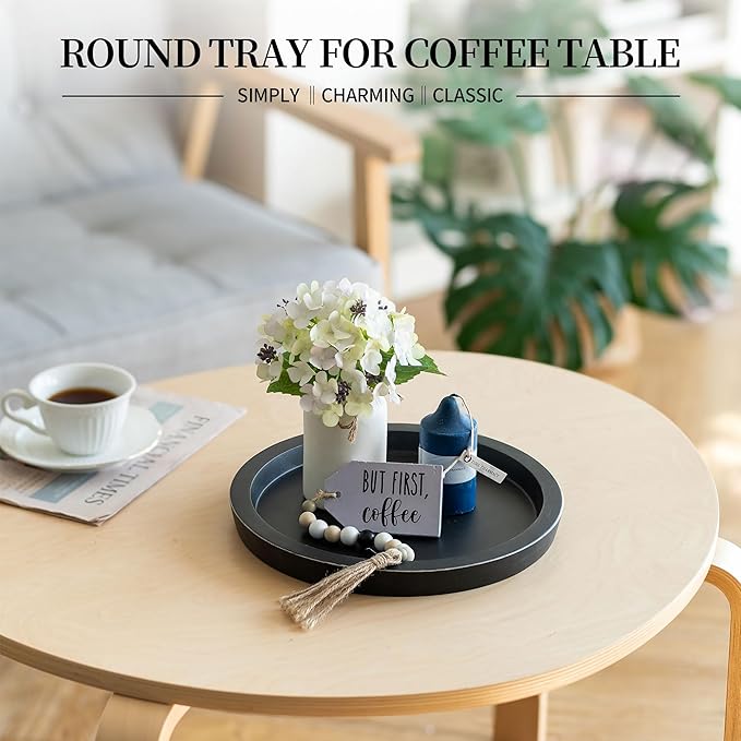 Hanobe Wooden Tray for Coffee Table: Candle Holder Plate Black Round Decorative Serving Tray - Vintage Table Centerpiece Rustic Farmhouse Home Decor