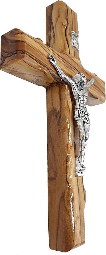 Zuluf 6.3" Olive Wood Catholic Cross with Silver Plated Crucifix Christian Gift from Holy Land Bethlehem CRS065