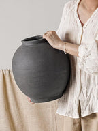 Black Ceramic Vase - Large 12.5 Inch Round Floor Vase for Centerpieces, Farmhouse Rustic Minimalist Home Decor (Sandstone Black)