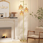 QIYIZM Glass Floor Lamp for Living Room,Bedroom,Mid Century Modern Standing Lamp Brass Tree 3 Light Tall Floor Lamps Vintage Floor Lights Gold Tulip Flower Lamp Shade Farmhouse Boho Bohemian