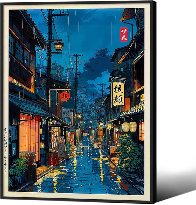 Podafu Japanese Tokyo Tea House Canvas Wall Art - Modern Ukiyo-e Decor - Black Framed - 10L" x 8W" - Bedroom & Living Room
