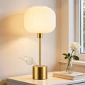 QiMH Glass Table Lamp for Living Room, Modern Bedside Lamp with Gream Ribbed Glass Shade, 3-Way Dimmable Touch Control Nightstand Lamp for Bedroom, Brushed Gold (2700K LED Bulb Included)