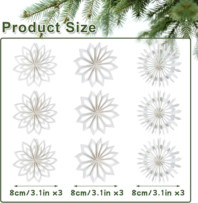EASY JOY 9Pcs Christmas Hanging Decorations-White Snowflakes Ornaments 3D Christmas Winter Decorations Pure White Hanging Snowflake Decoration for Christmas Tree Garland Winter Home Window Room