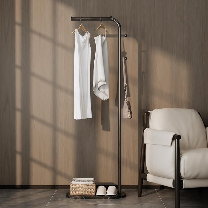 Freestanding Clothing Rack with Marble Base, Modern Garment Rack for Small Spaces, Sturdy Metal Coat Rack with Hooks, Clothes Rack for Hanging Clothes in Bedroom, Closet, Entryway (black)