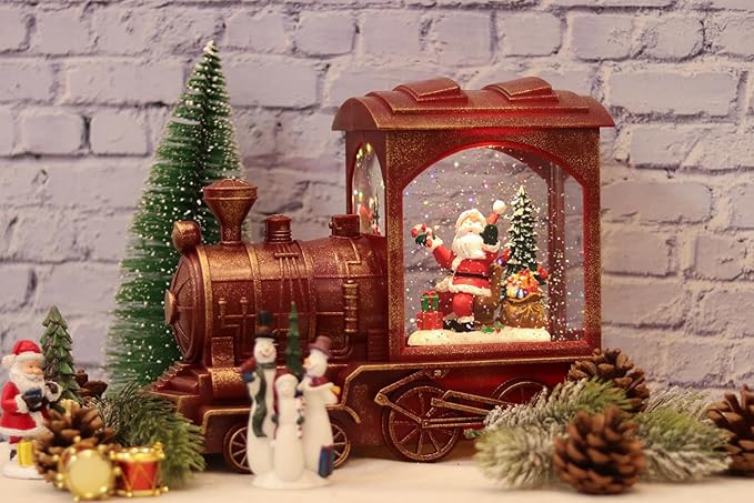 Musical Christmas Snow Globe Lantern Battery Operated with 6 Hour Timer Spinning Water Red Train Singing Lighted Snow Globe Lamp Holiday Decoration Gift(Santa, 10.6 x 4.3 x 8.3 Inches)