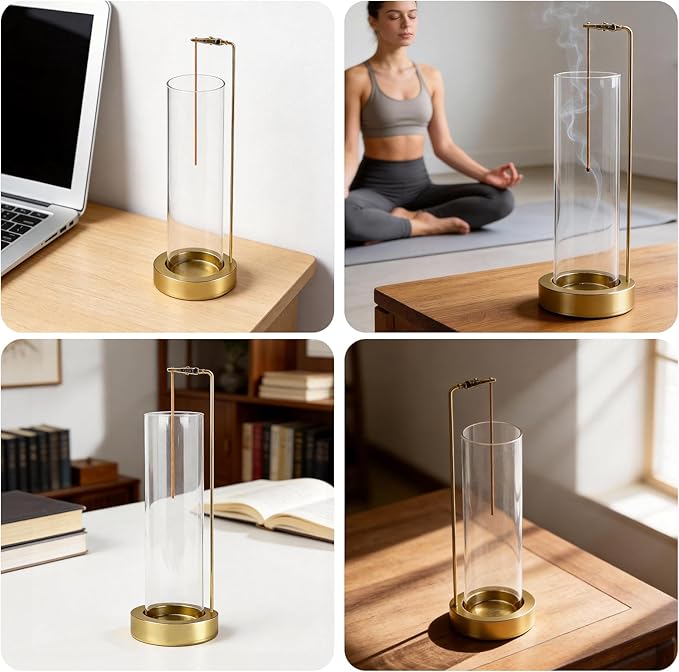 Incense Holder for Sticks, Anti-Ash Flying Incense Burner with 30 Incense Sticks, Detachable Glass Ash Catcher (Stainless Steel, Gold)