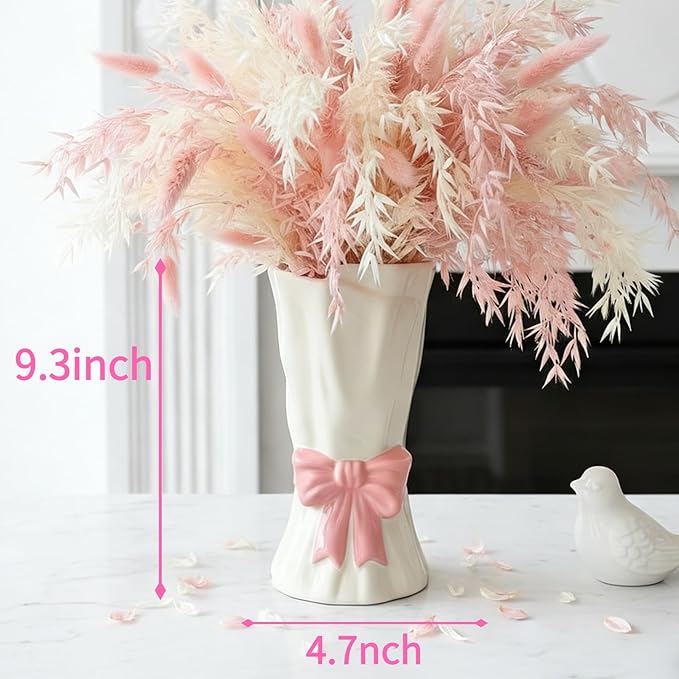 Pink Bow Vase, Hot Pink Flower Vase for Home Decor, Ceramic Vases for Boho Style, Small Cute Vases for Ideal Shelf Decor/Table/Living Room. (Pink 7, Large)