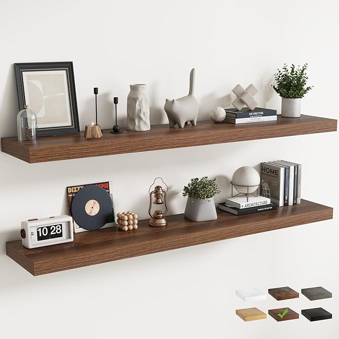 72 Inch Long Floating Shelves for Wall Set of 2, 12"D Wood Grain Bathroom Shelves with Invisible Brackets, Easy Install Engineered Wood Storage Shelves for Kitchen, Living Room, Bedroom, Walnut Finish