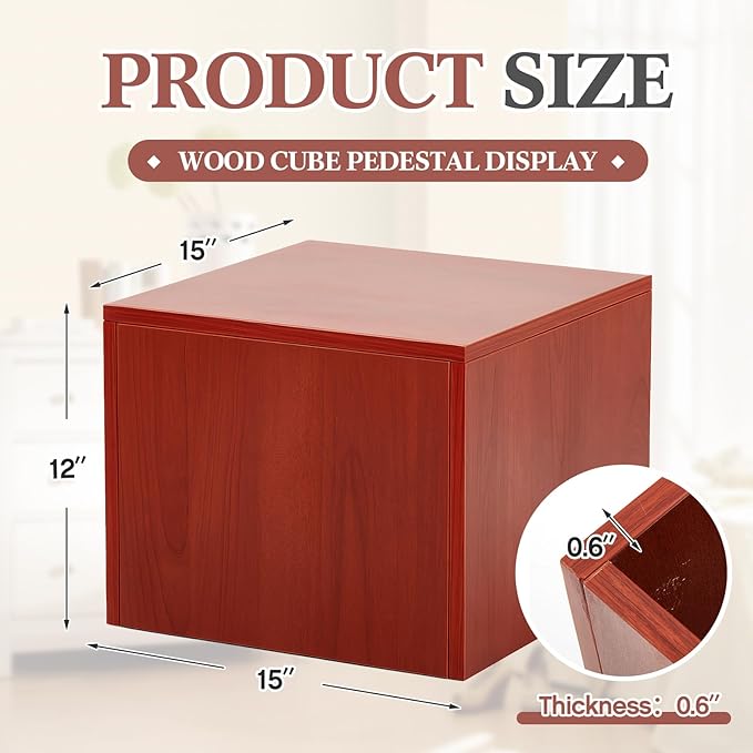 RattanView Wooden Cube Display Pedestal Stand, 15 x 15 x 12 Inch Sculpture Pedestal Stand, Display Riser Column Pillar Easy Assembly Required for Gallery Store Home Wedding Party Event Decor