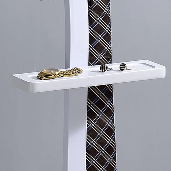 Kings Brand Furniture Henry Men’s Suit Valet Stand – Freestanding Clothes Valet Rack with Jacket Hanger, Pants Bar, Tie Holder & Storage Shelf – Modern Bedroom Garment Organizer (White)