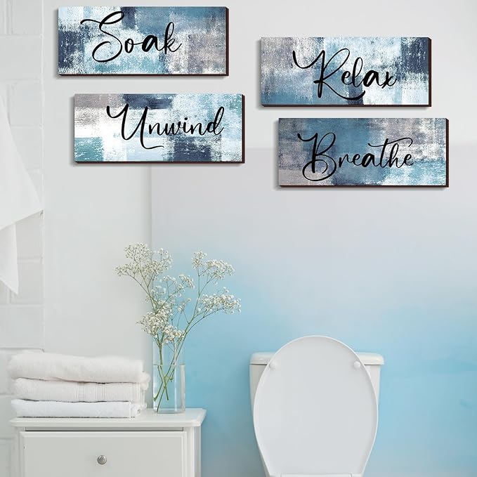 Maitys 4 Pcs Bathroom Wall Decor 10 x 4 Inch Bathroom Wall Art Contemporary Wood Restroom Pictures for Soak Unwind Relax Hanging Sign Spa Rustic Vintage Farmhouse Pediments(Blue, White)