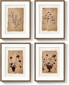 Framed Vintage Botanical Wall Art for Bedroom, 4 Piece Floral Brown Farmhouse Bathroom Picture Prints, Neutral Rustic Minimalist Botanical Artwork for Dining Room Fireplace Apartment Walls, 11x14 In