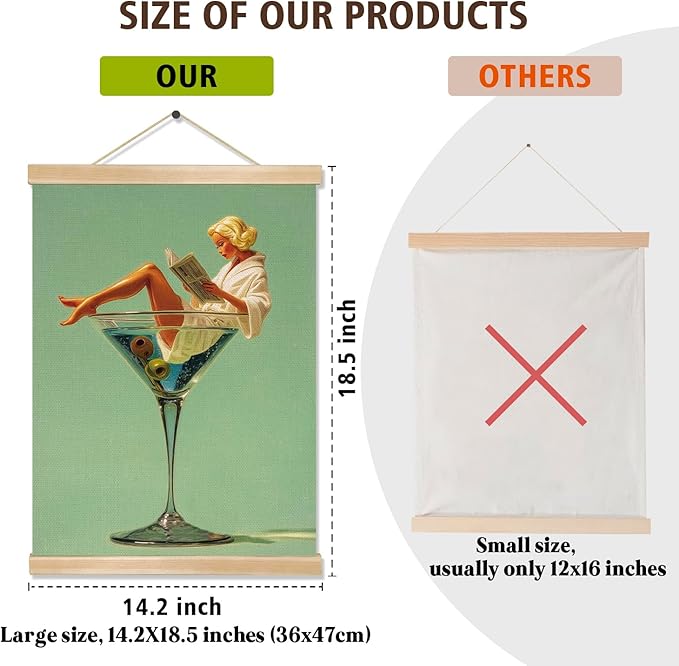 Martini Girl Wall Art, Vintage Glam Cocktail Poster, Retro Fashion Woman in Martini Glass Canvas Print, Chic Bar Lounge Wall Decor for Dining Room Kitchen or Home Office,Holiday Gift for Women 14x18.5 Inch (Green-Woman03)