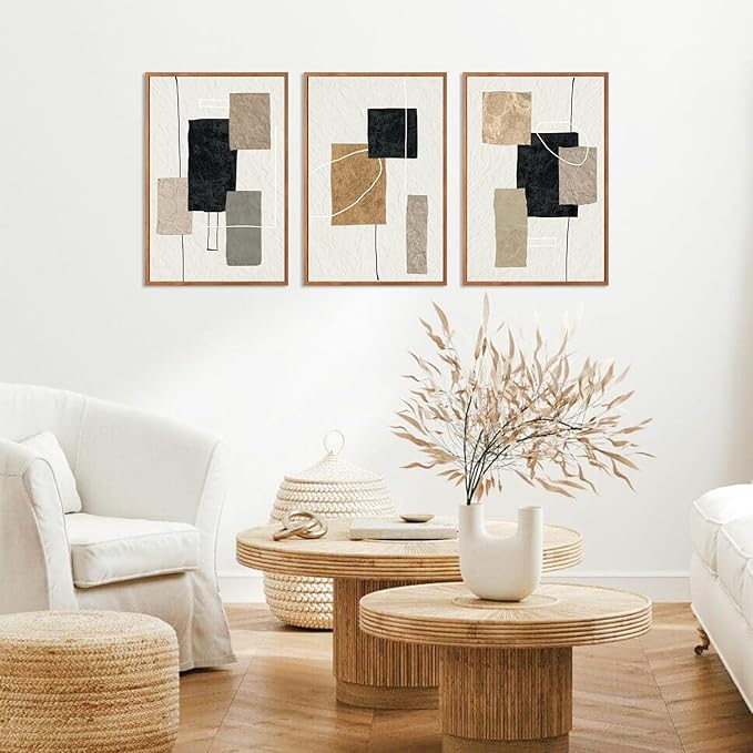 KAlRNE Neutral Abstract Framed Canvas Wall Art Set of 3(16”X24”),Black Beige and Brown Wall Decor,Modern Minimalist Block Lines Art Prints For Living Room Bedroom Office