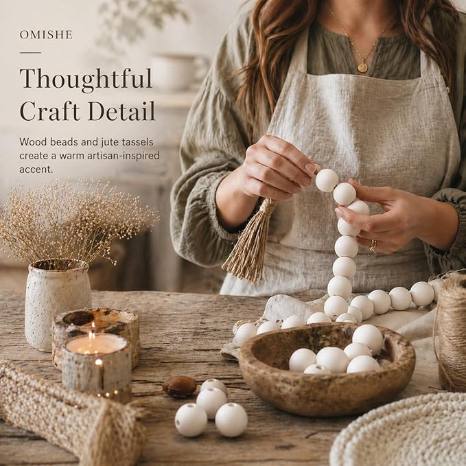 OMISHE Extra Large Wood Bead Garland White with 1.6" Diameter Wooden Beads and Tassels, 41" Long Rustic Farmhouse Country Decorative Beads for Home Tiered Tray Decor, White
