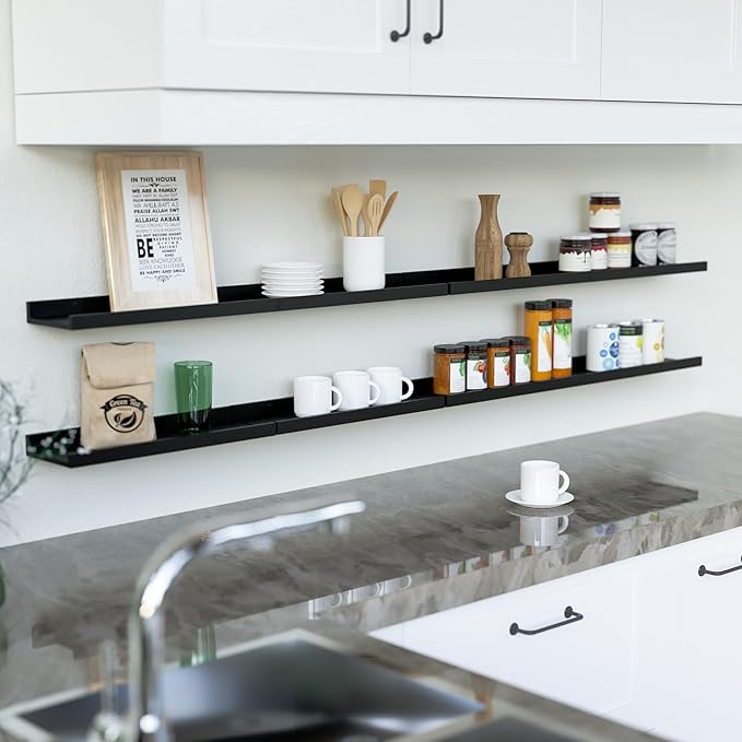 RICHER HOUSE 8 Set Black Floating Wall Mounted Shelves, Nursery Hanging Book Shelves with Lip for Storage, Black Display Picture Ledge Shelf for Bedroom Bathroom Kitchen Living Room Wall Decor