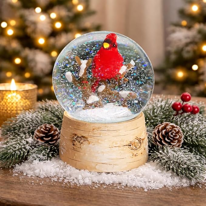 Musical Christmas Snow Globe with Cardinal Water Spinning Wind-Up Music Box Hand-Painted Birch Tree Design Holiday Tabletop Decoration by Moments in Time (5.7”H)
