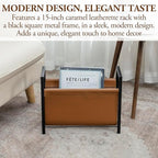 MyGift 15 Inch Modern Caramel Leatherette Magazine Holder with Rectangular Black Metal Frame, Floor Standing Faux Leather Book Storage Newspaper Rack, Home Bathroom Decor