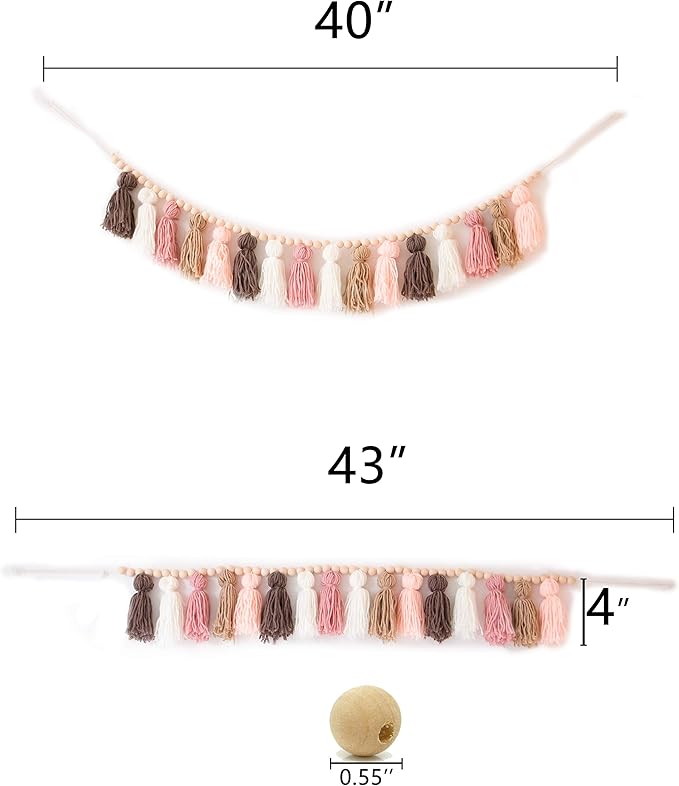 Tassel Garland - Boho Tassel Garland with Wood Beads - Wall Decor for Dorm, Girls Room and Nursery Room (43 inch) - Blush and Terra Cotta