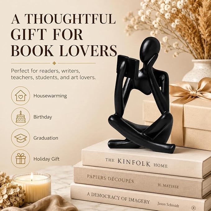 Black Bookshelf Decor Thinker Statue, Abstract Reading Figurine Style B, Resin Decorative Bookend for Coffee Table, Shelf, Home Office, Library