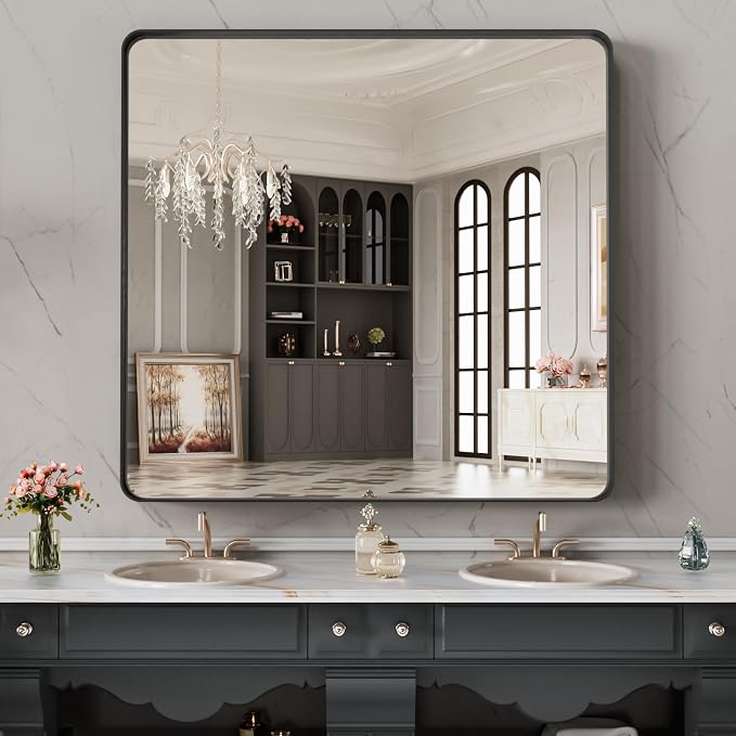LOAAO 32X32 Inch Black Metal Framed Bathroom Mirror for Wall, Matte Black Bathroom Vanity Mirror Farmhouse, Anti-Rust, Hangs Horizontally or Vertically