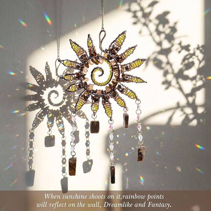 Mini Sun Catcher Dream Catcher – Handmade Sunburst Wall Hanging with Tiger Eye Stones & Crystal Beads for Window Decor, Bedroom, Meditation Space or Gift