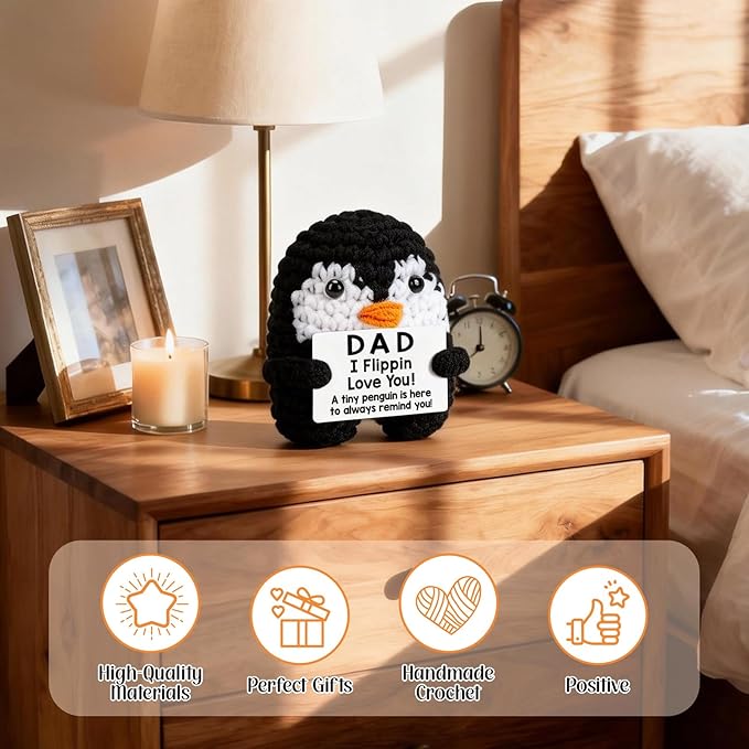 Belatelove Birthday Gifts for Men Women from Mom Daughter Son, Handmade Crochet Mini Penguin Father's Day for Father Daddy Bonus Dad, Funny I Love You Gift for Dads Small Easter Decor