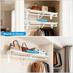 Steel Closet Shelf with Hanging Rod, Back Wall & Side Wall Mounted, 28-48'' Expandable White Closet Shelves, Heavy Duty Storage Rack Holds 220 lbs, Adjustable DIY Closet Rod Divider Separator
