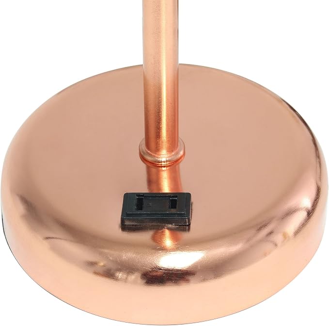 Oslo 19.5" Contemporary Bedside Power Outlet Base Standard Metal Table Desk Lamp in Rose Gold with White Drum Fabric Shade