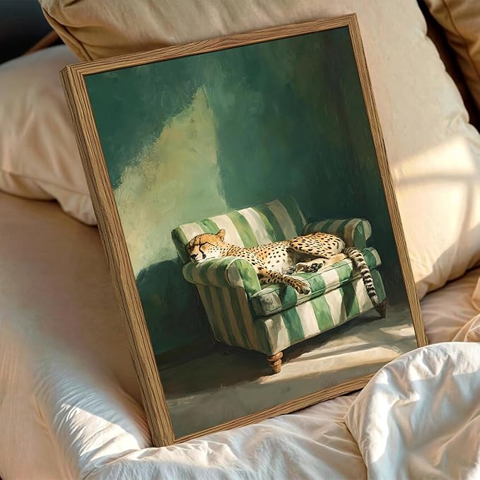 Framed Funny Leopard Canvas Wall Art, Vintage Sleeping Cheetah on Sofa Pictures Wall Decor, Eclectic Animal Paintings Canvas Prints Whimsical Home Decor for Living Room Bedroom 12x16 inch