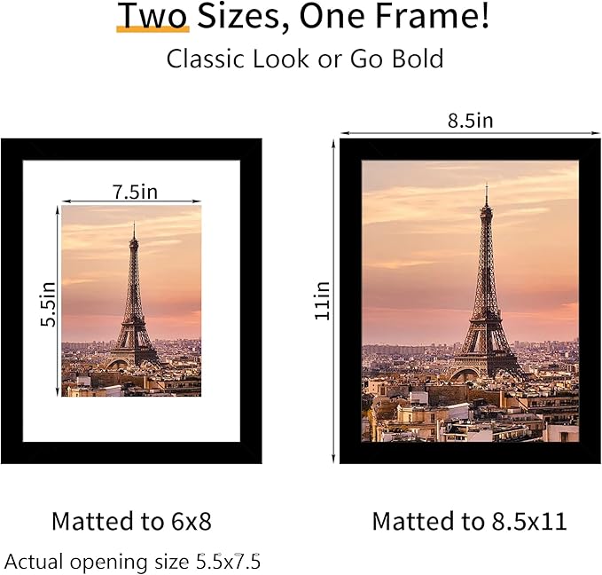 8.5x11 Picture Frame 3 Pack - Black Poster Frame Display Pictures 6x8 with Mat or 8.5 x 11 Without Mat for Wall Hanging Horizontal and Vertical